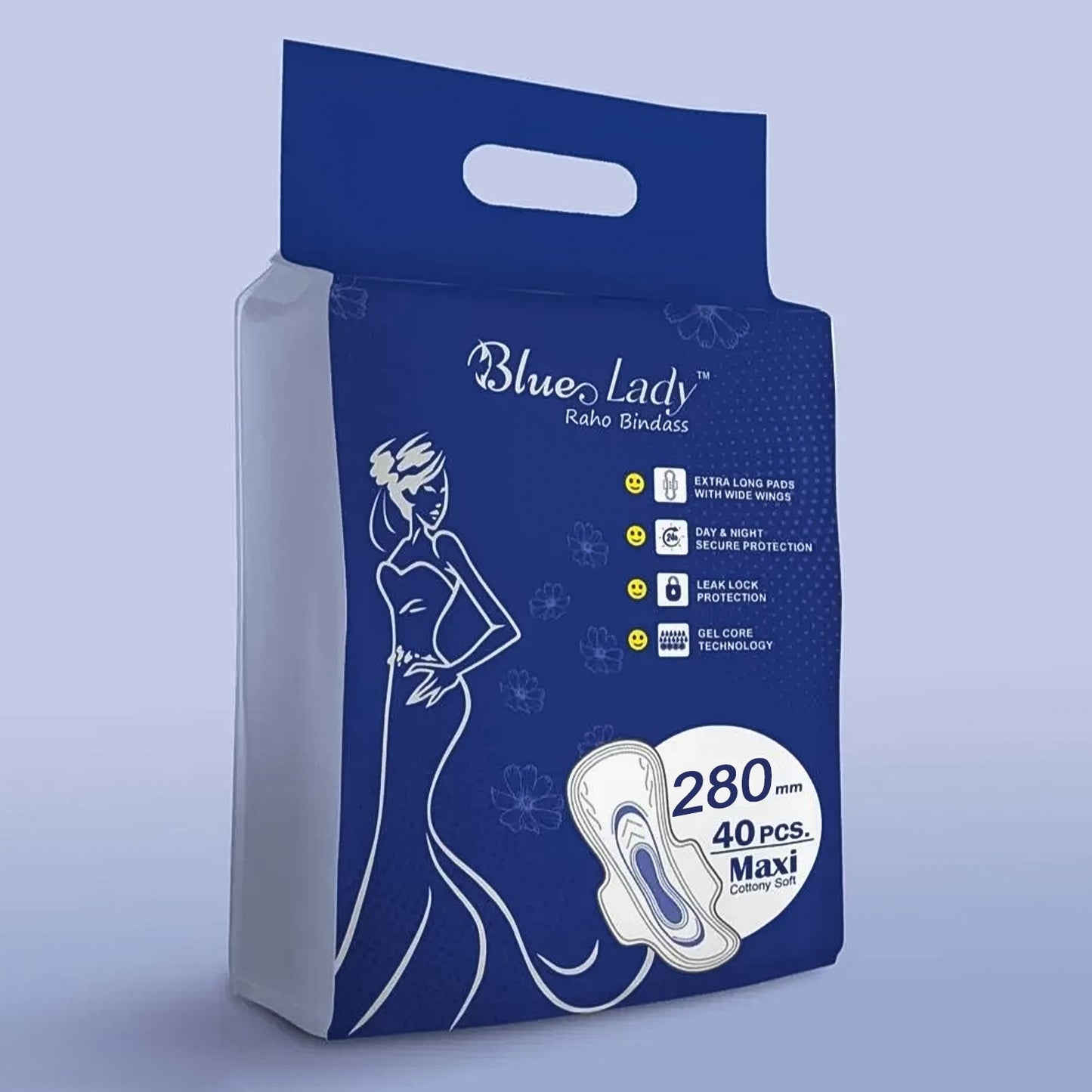 Beautiful Basics Blue Lady Long Pads With Wides Wings Sanitary Pads – 280 mm, 40-Pack